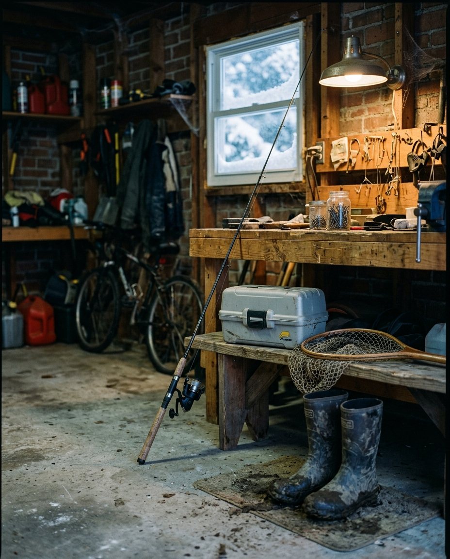 A fishing rod and tackle box waiting in the garage in December